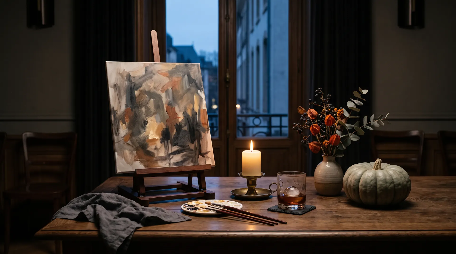 Toile Paint in the Dark et table éclairée à la bougie