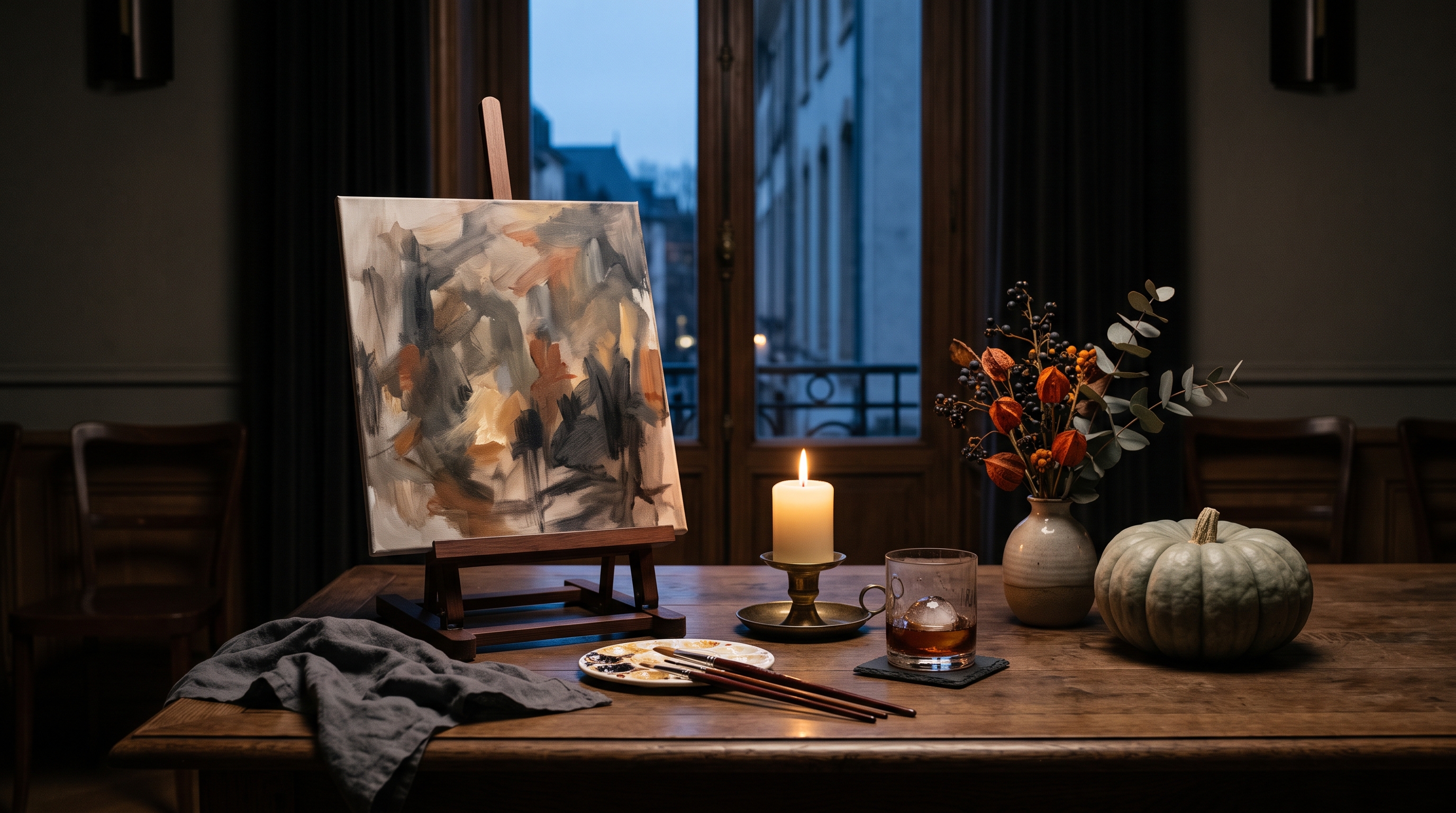 Paint in the Dark canvas and candlelit table